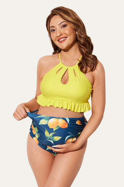 two-piece-high-neck-keyhole-maternity-swimsuits-ruffle-hem-bikini-sets#color_sun-glow-lemon-2
