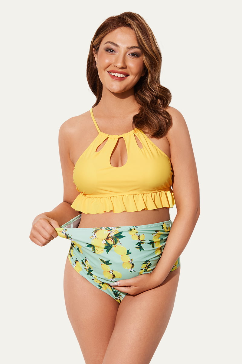 criss-cross-tie-back-keyhole-maternity-swimsuits-with-ruffle-hemline#color_sun-glow-lemon-3