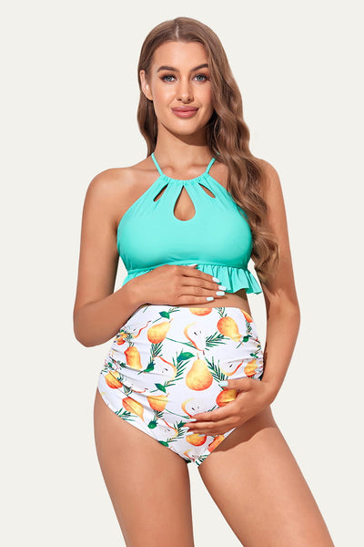 ruffle-hem-high-neck-keyhole-maternity-bikini-sets#color_mint-pear-print