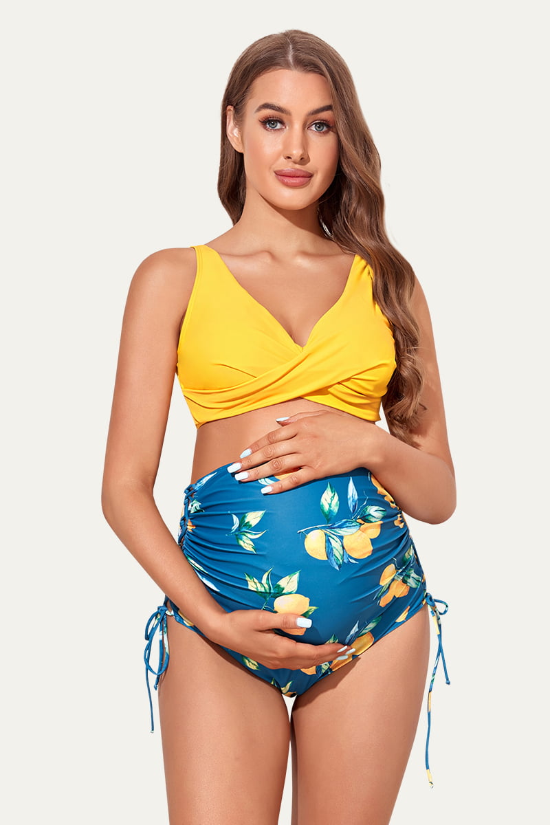 two-piece-twist-front-deep-v-neck-maternity-swimsuit-with-adjustable-side-tie-bottom#color_mustard-lemon-2
