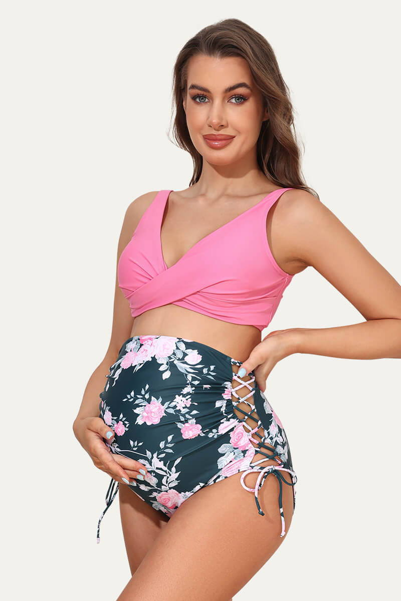Two Piece Twist Front Maternity Swimsuit with Adjustable Side Tie Bottom