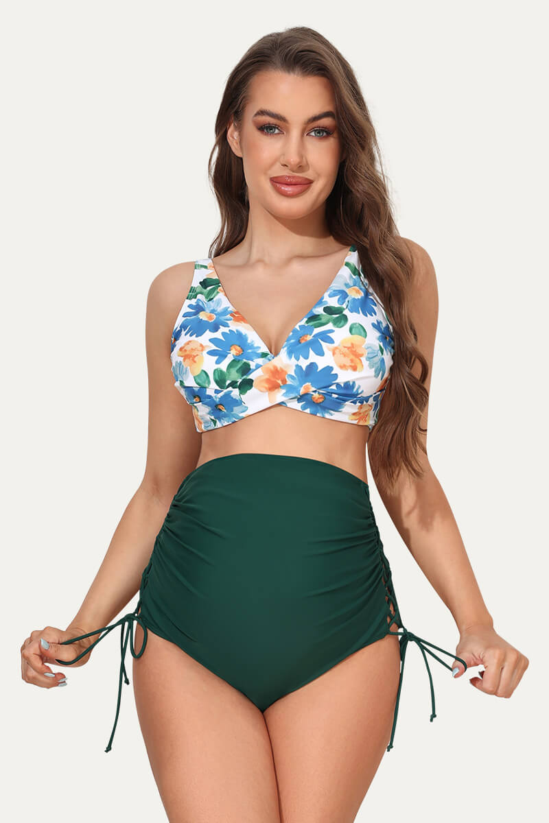 Two Piece Twist Front Maternity Swimsuit with Adjustable Side Tie Bott –  Summer Mae