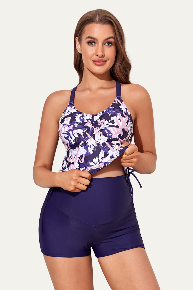 maternity-crisscross-ring-linked-back-tankini-swimsuit#color_cluttered-flowers-navy