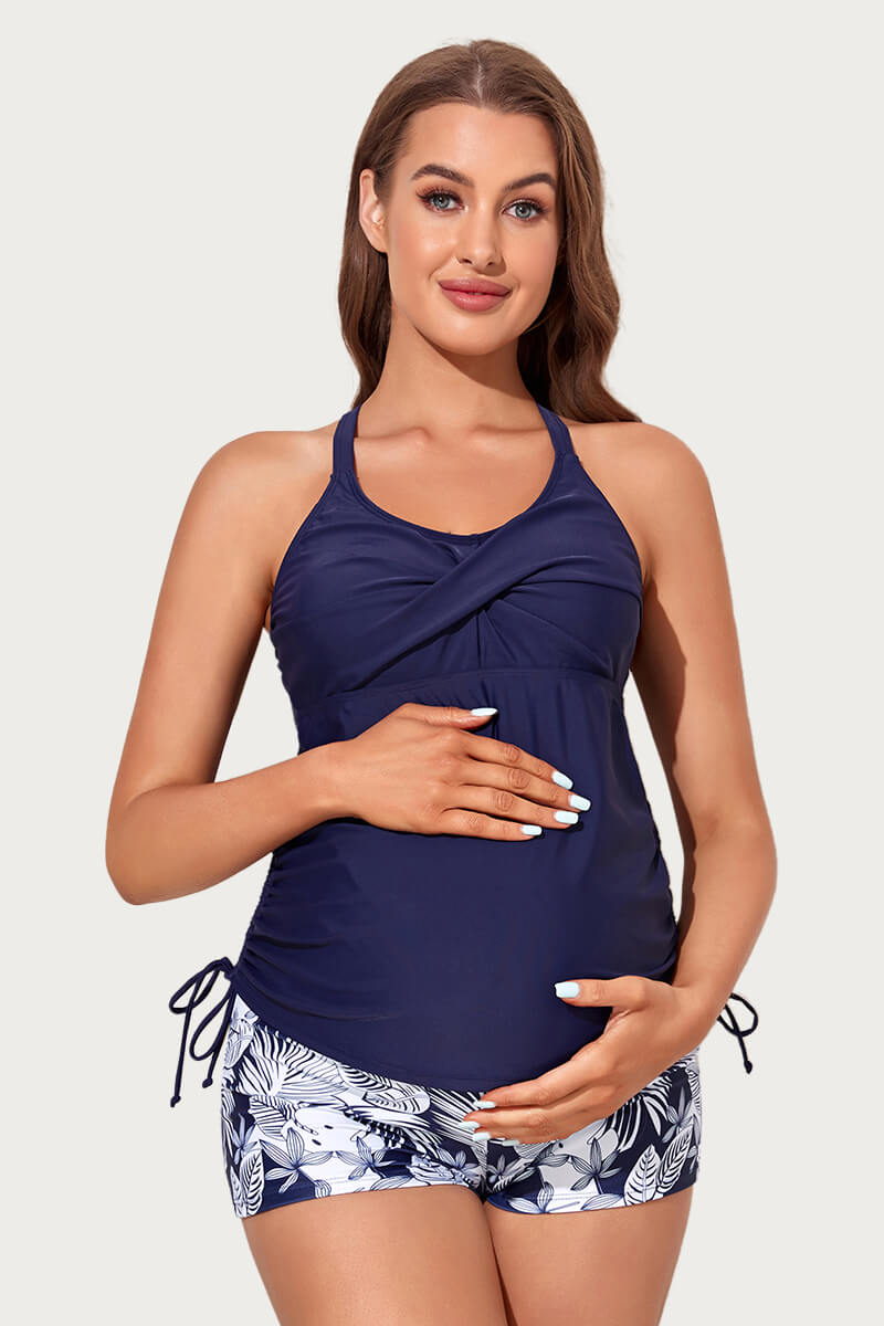 maternity-crisscross-ring-linked-back-tankini-swimsuit#color_navy-two-tone-leaf
