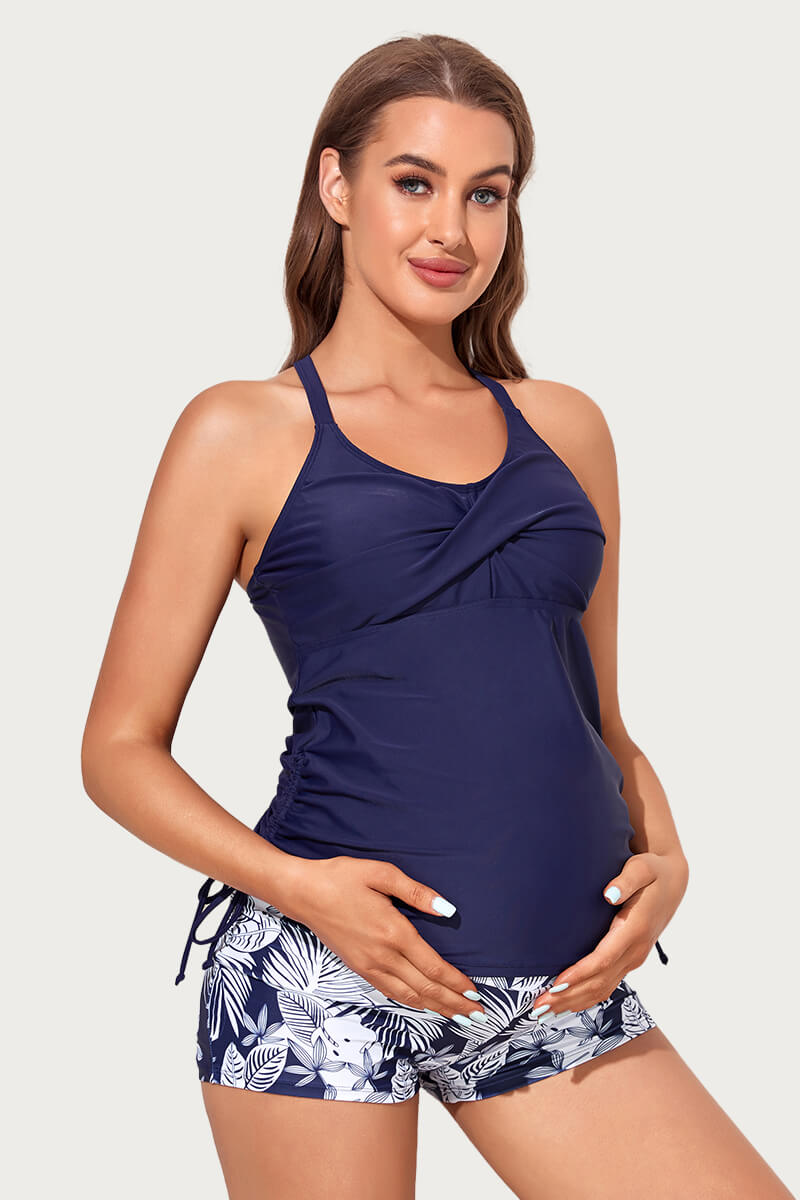 maternity-crisscross-ring-linked-back-tankini-swimsuit#color_navy-two-tone-leaf