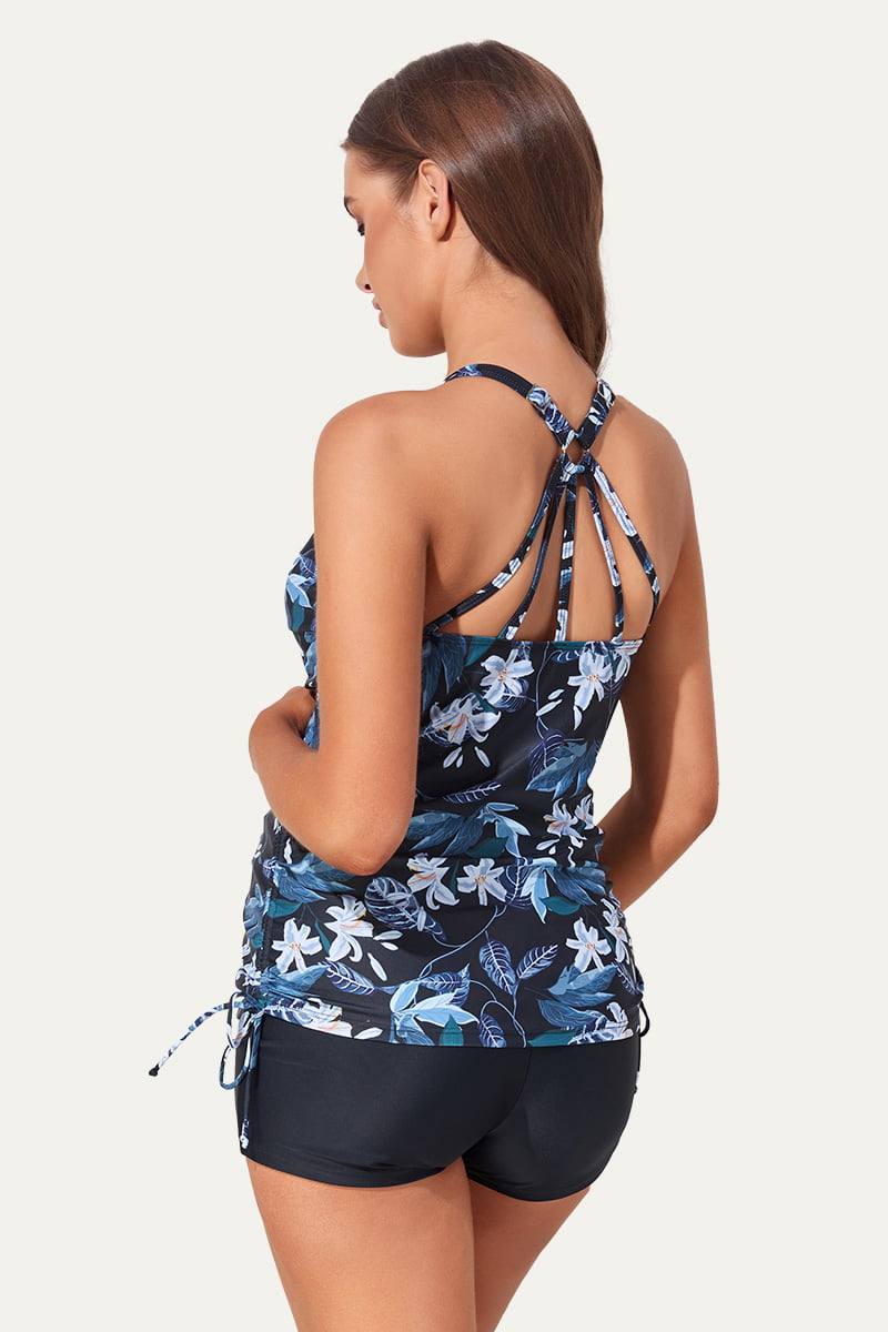 maternity-crisscross-ring-linked-back-casual-tankini-swimsuit#color_blackwater-lily-black