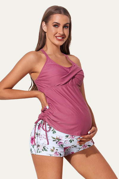 maternity-crisscross-ring-linked-back-casual-tankini-swimsuit#color_fuchsia-delicate-pink-floral