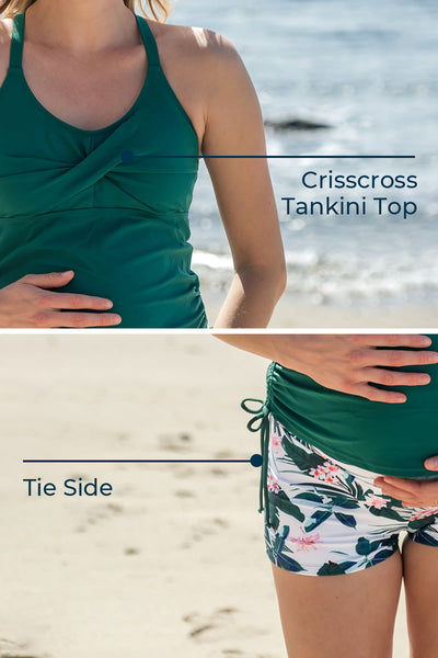 maternity-crisscross-ring-linked-back-tankini-swimsuit#color_sacramento-beige-soft-hibiscus