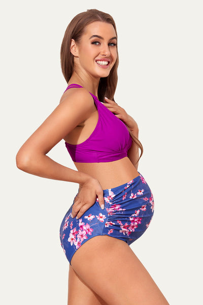 maternity-plunge-v-neck-double-shoulder-strap-bikini-set#color_indigo-silhouette-pink