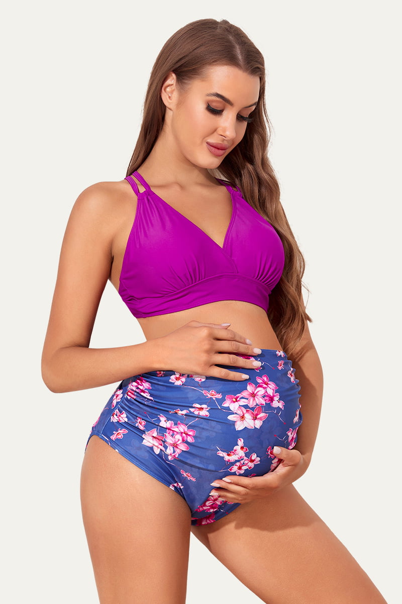 maternity-plunge-v-neck-double-shoulder-strap-bikini-set#color_indigo-silhouette-pink
