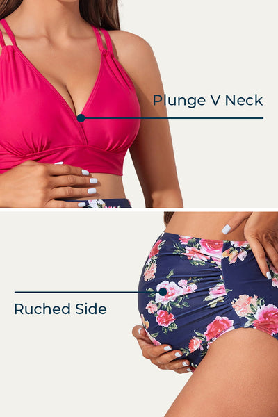maternity-plunge-v-neck-double-shoulder-strap-bikini-set#color_cerise-white-rose