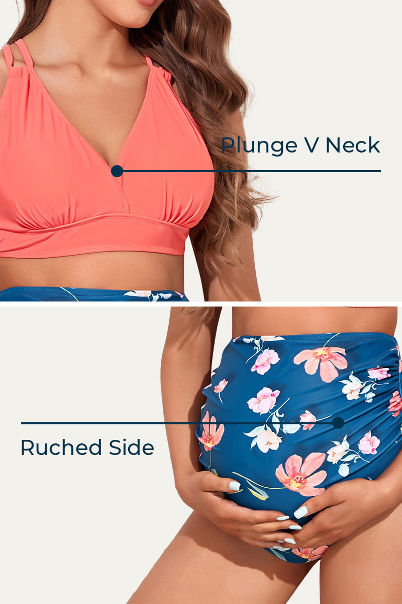 plunge-v-neck-double-shoulder-strap-maternity-bikini-set#color_peach-blue-bouquet-39