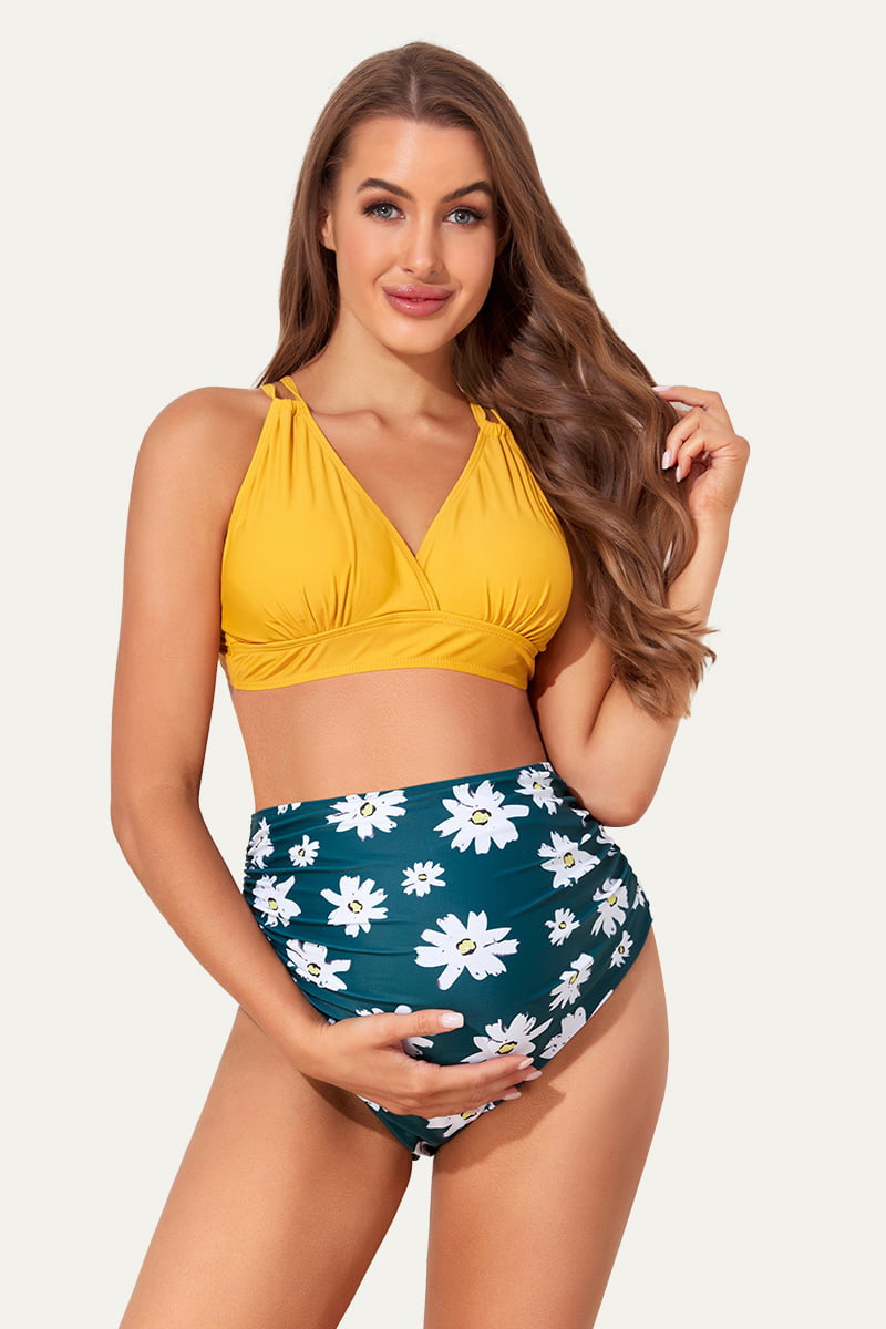 maternity-plunge-v-neck-double-shoulder-strap-bikini-set#color_mustard-floral-wash