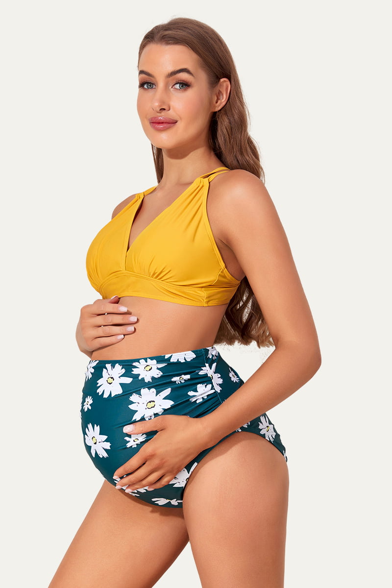 maternity-plunge-v-neck-double-shoulder-strap-bikini-set#color_mustard-floral-wash