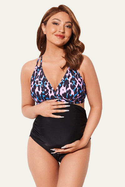 plunge-v-neck-double-shoulder-strap-maternity-bikini-set#color_leopard-34-black