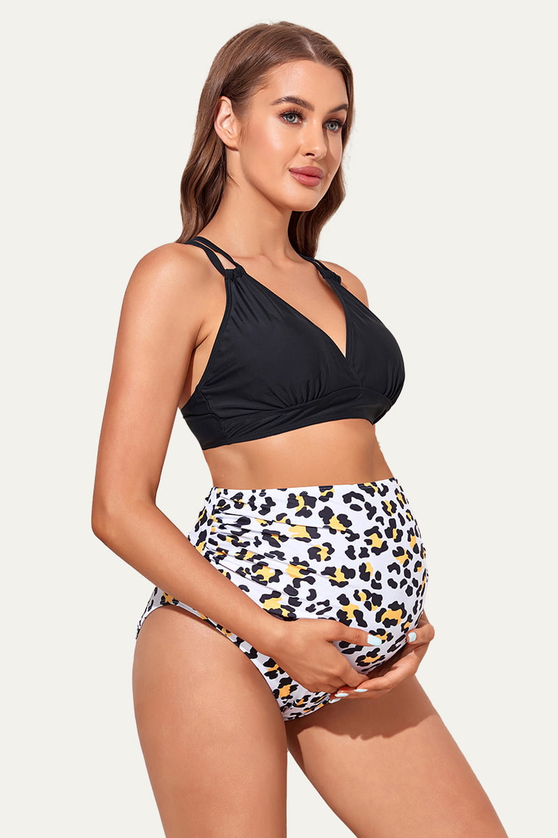 plunge-v-neck-double-shoulder-strap-maternity-bikini-set#color_black-white-leopard