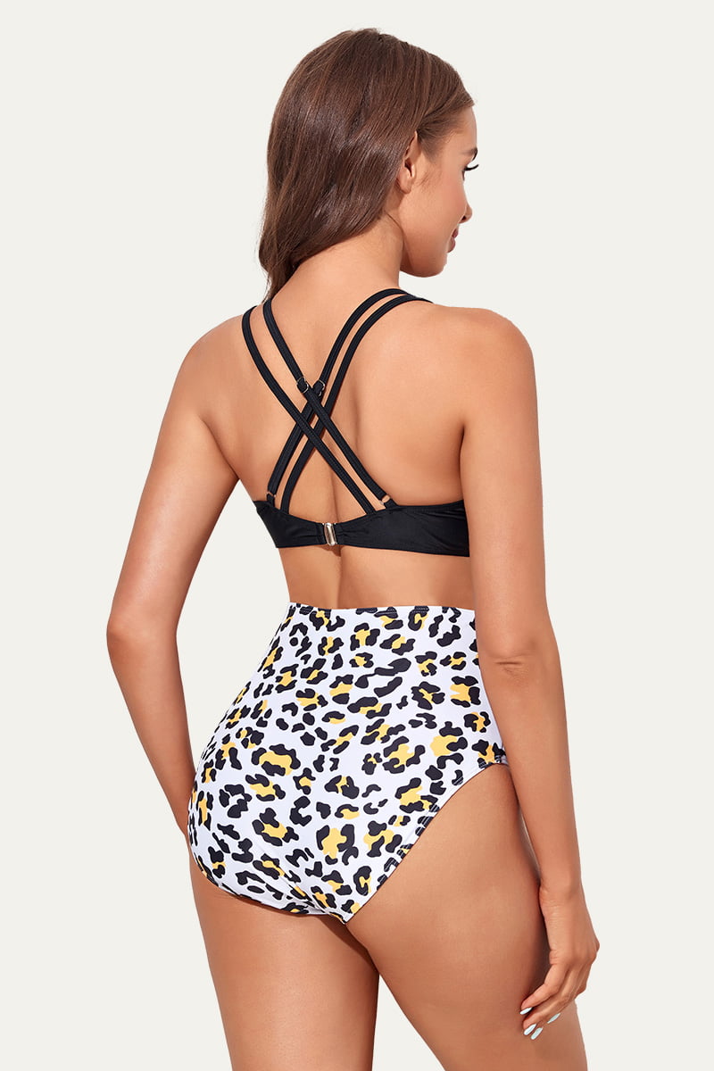 plunge-v-neck-double-shoulder-strap-maternity-bikini-set#color_black-white-leopard