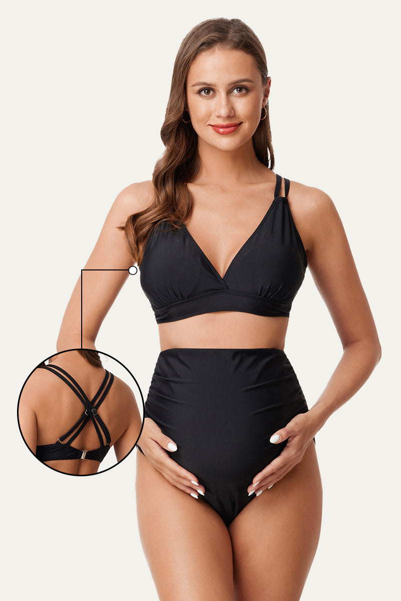 plunge-v-neck-double-shoulder-strap-maternity-bikini-set#color_black
