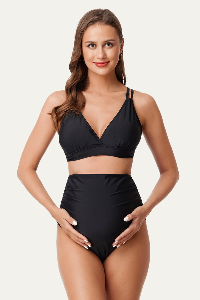 Plunge V-neck Double Shoulder Strap Maternity Bikini Set