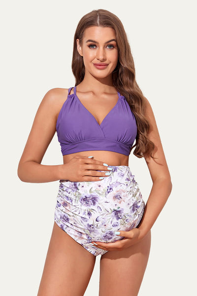 plunge-v-neck-double-shoulder-strap-maternity-bikini-set#color_violet-yellow-floral-12