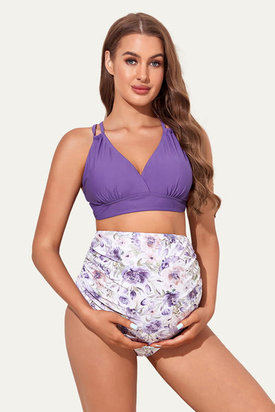 plunge-v-neck-double-shoulder-strap-maternity-bikini-set#color_violet-yellow-floral-12