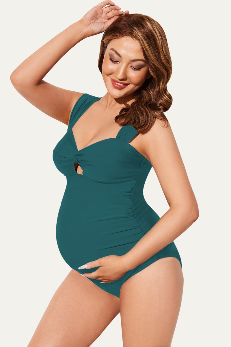 women-s-one-piece-twist-front-cutout-maternity-swimwear#color_forest