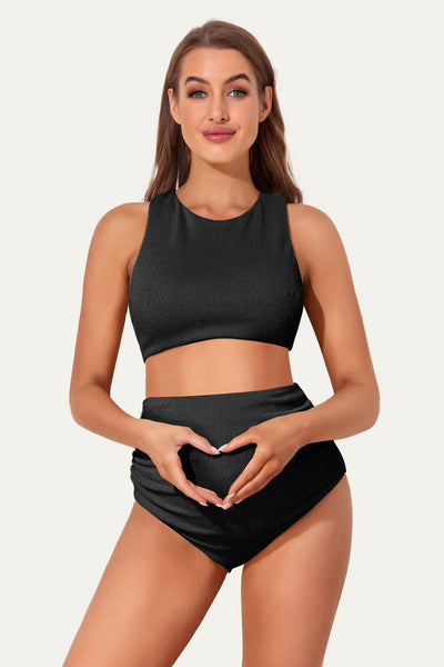 maternity-textured-crisscross-high-waist-bikini-swimsuit#color_black