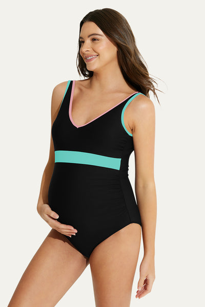 athletic-v-neckline-nursing-bathing-suit-color-block-pregnancy-swimwear#color_black-teal