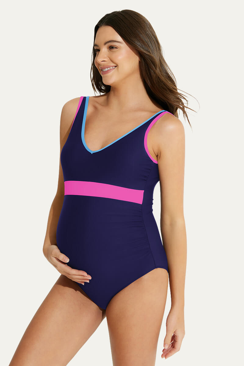 athletic-v-neckline-nursing-bathing-suit-color-block-pregnancy-swimwear#color_indigo-bright-pink