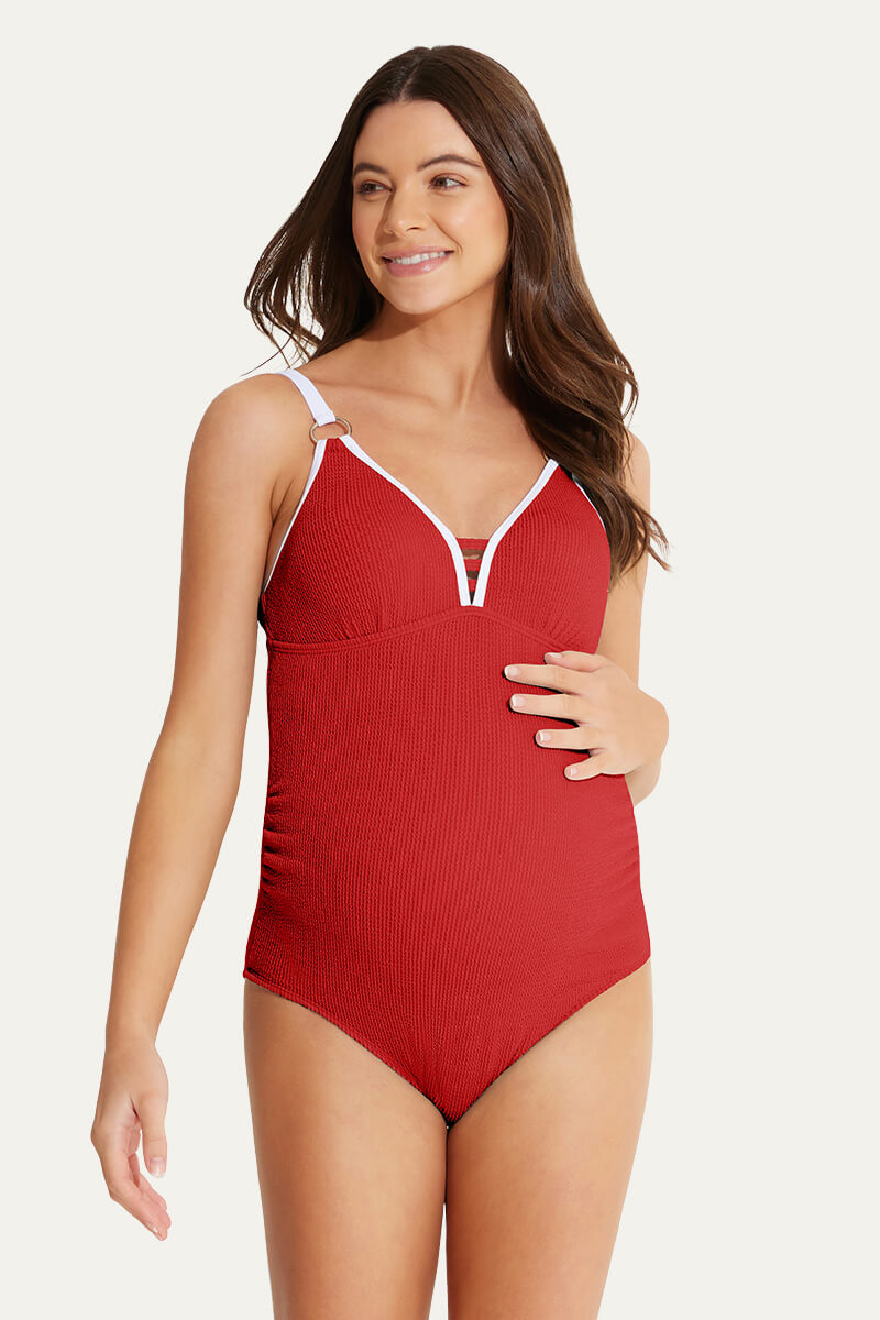 one-piece-ring-link-v-neck-bathing-suit-pregnant-swimwear#color_ruby