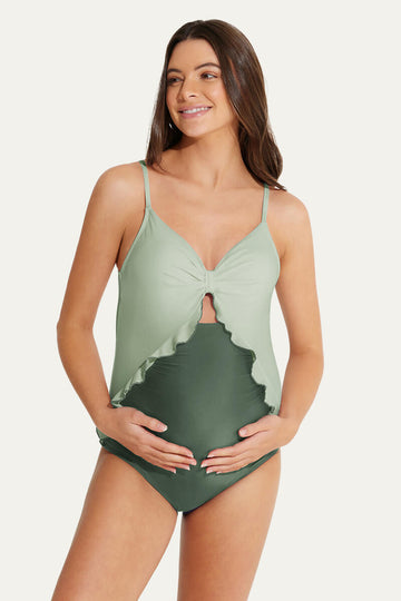 Maternity One-Piece Swimsuit - Ruffle Sleeves, Cutout Design, Tie-Knot Front (Pregnancy Swimwear)