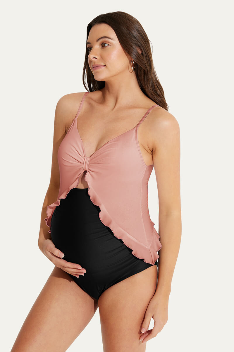 adjustable-straps-ruffle-maternity-swimsuit-one-piece-pregnancy-swimwear#color_marsala-black