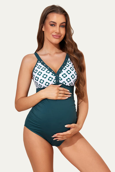 Maternity One Piece Nursing Swimsuit With Metal Button Front Carved Green Flowers