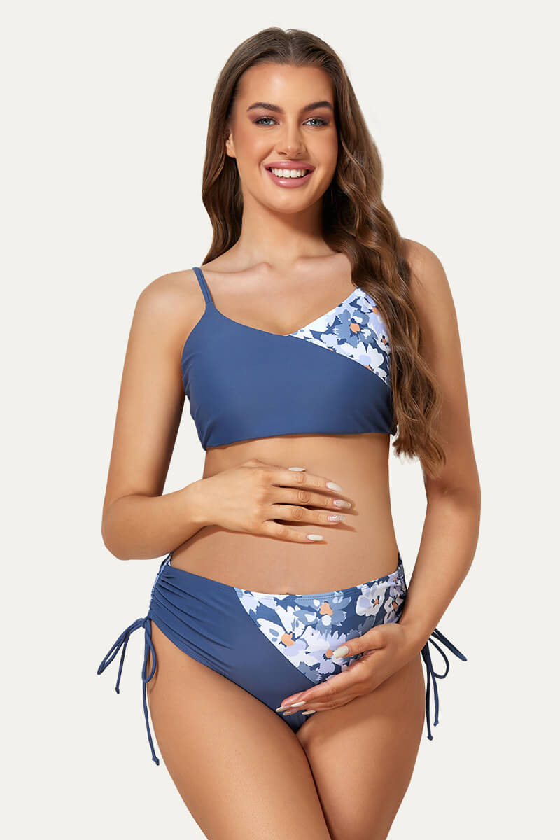 tie-side-color-block-maternity-swimsuit-two-piece-bikini-with-reversible-top#color_forest-dewdrop-blooms