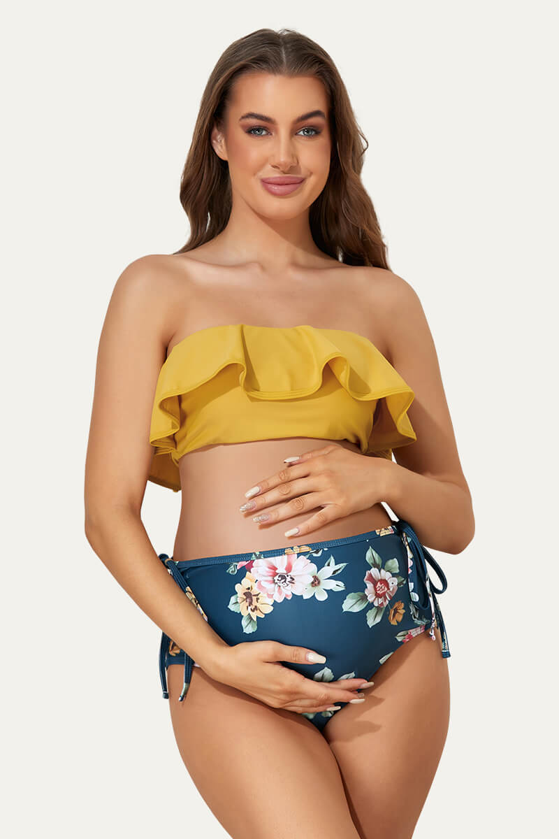 womens-ruffle-hemline-two-piece-sexy-maternity-swimwear#color_mustard-post-apocalyptic-blooms