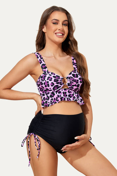 ruffle-hemline-one-piece-maternity-bikini-set-with-o-ring-cutout#color_pink-purple-leopard-black