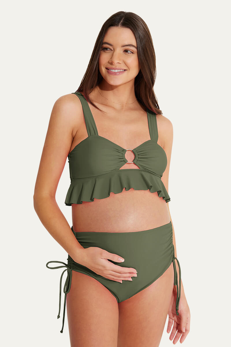 ruffle-hemline-one-piece-maternity-bikini-set-with-o-ring-cutout#color_olive