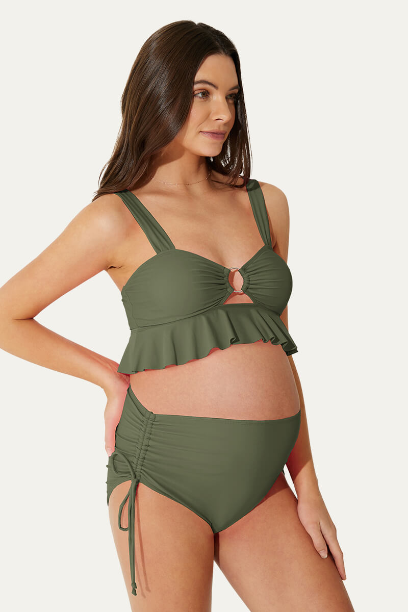 ruffle-hemline-one-piece-maternity-bikini-set-with-o-ring-cutout#color_olive