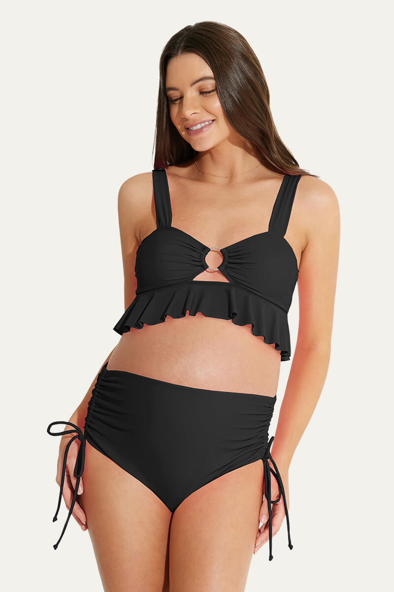 ruffle-hemline-one-piece-maternity-bikini-set-with-o-ring-cutout#color_black