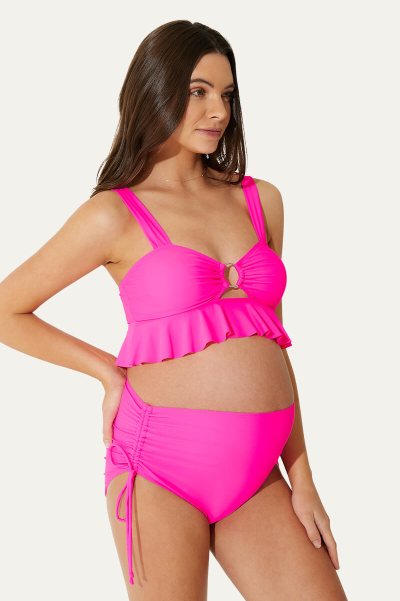 ruffle-hemline-one-piece-maternity-bikini-set-with-o-ring-cutout#color_hot-pink