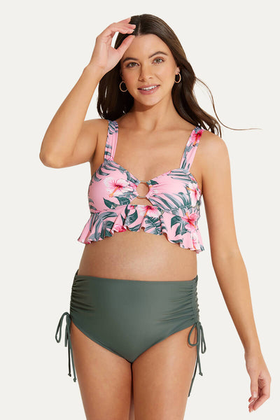 ruffle-hemline-one-piece-maternity-bikini-set-with-o-ring-cutout#color_sweet-flower-pistil-balsam-green