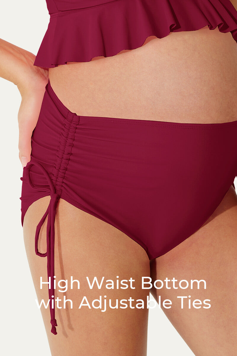 ruffle-hemline-one-piece-maternity-bikini-set-with-o-ring-cutout#color_burgundy