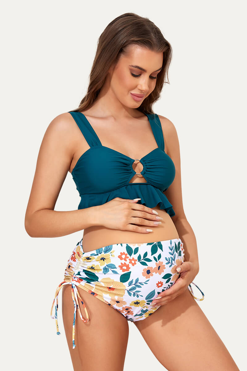 ruffle-hemline-one-piece-maternity-bikini-set-with-o-ring-cutout#color_diverse-blossoms-sacramento