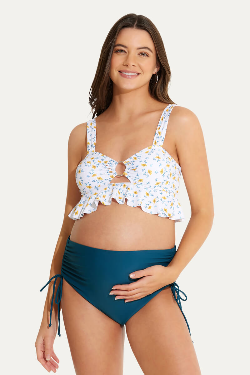 ruffle-hemline-one-piece-maternity-bikini-set-with-o-ring-cutout#color_floral-fragrance-forest
