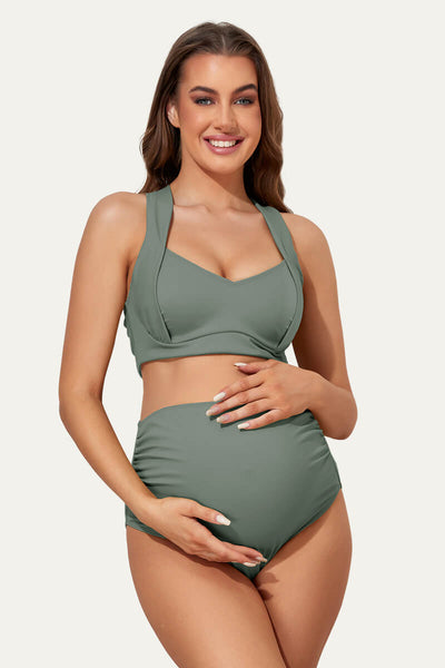 two-piece-maternity-suit-with-ruched-front-and-criss-cross-tie-back#color_olive