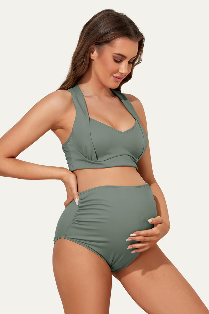 two-piece-maternity-suit-with-ruched-front-and-criss-cross-tie-back#color_olive