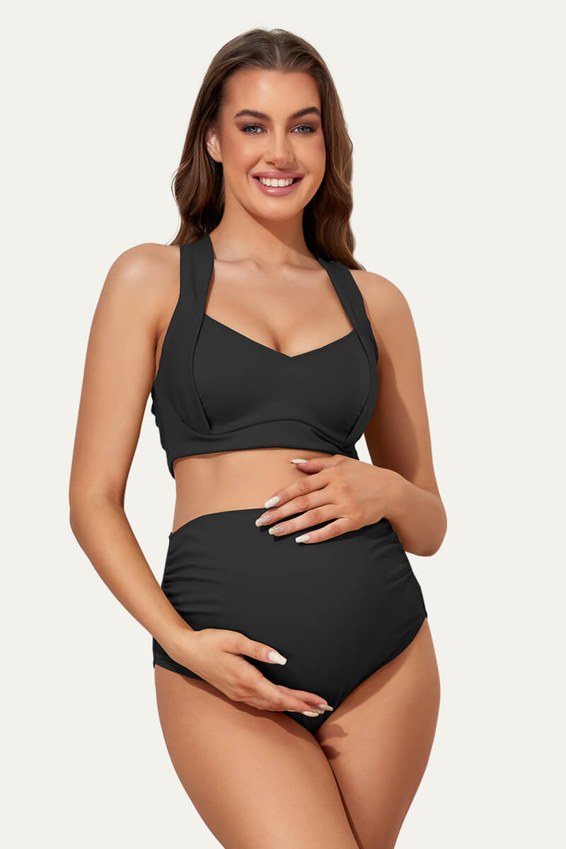 two-piece-maternity-suit-with-ruched-front-and-criss-cross-tie-back#color_black