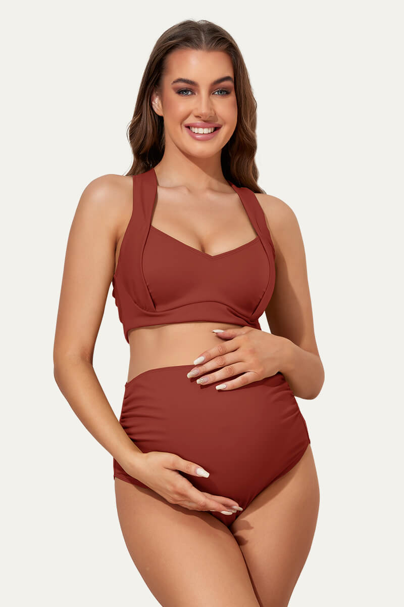 two-piece-maternity-suit-with-ruched-front-and-criss-cross-tie-back#color_monaco-red