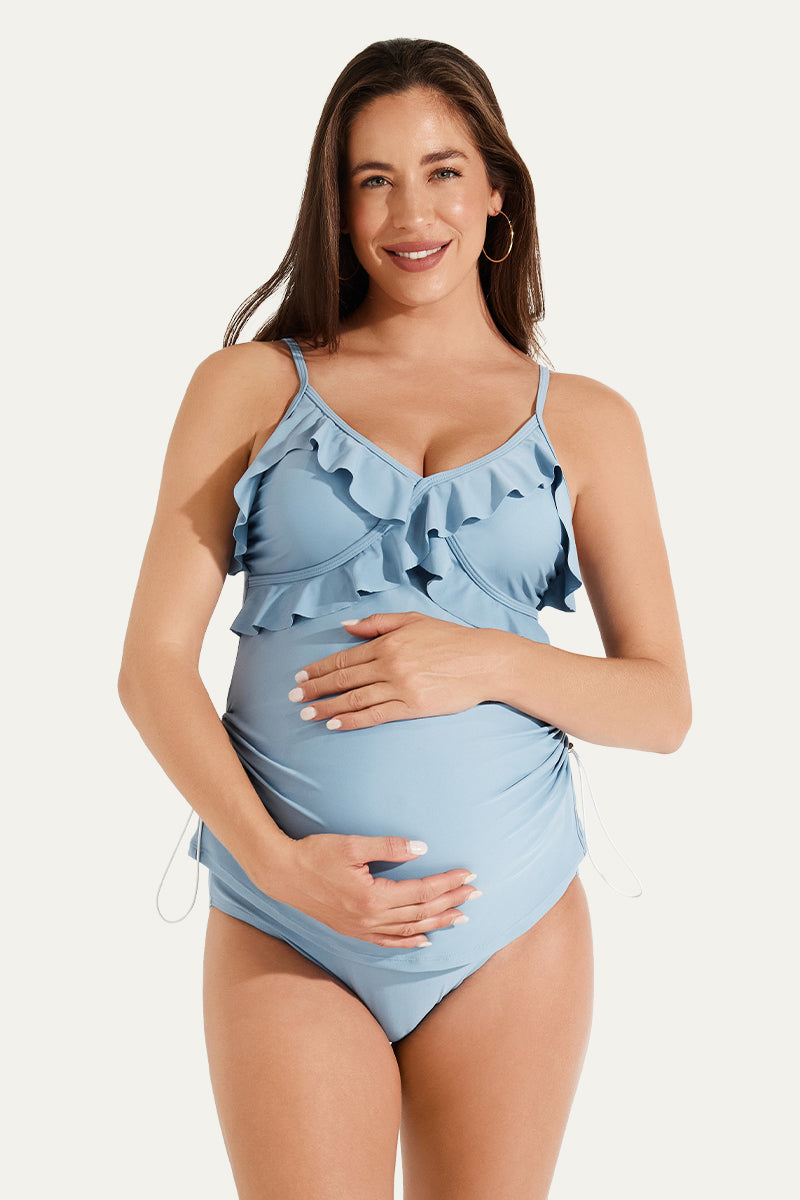 Two Piece V-Neck Ruffle Front Maternity Tankini Dress Baby Blue