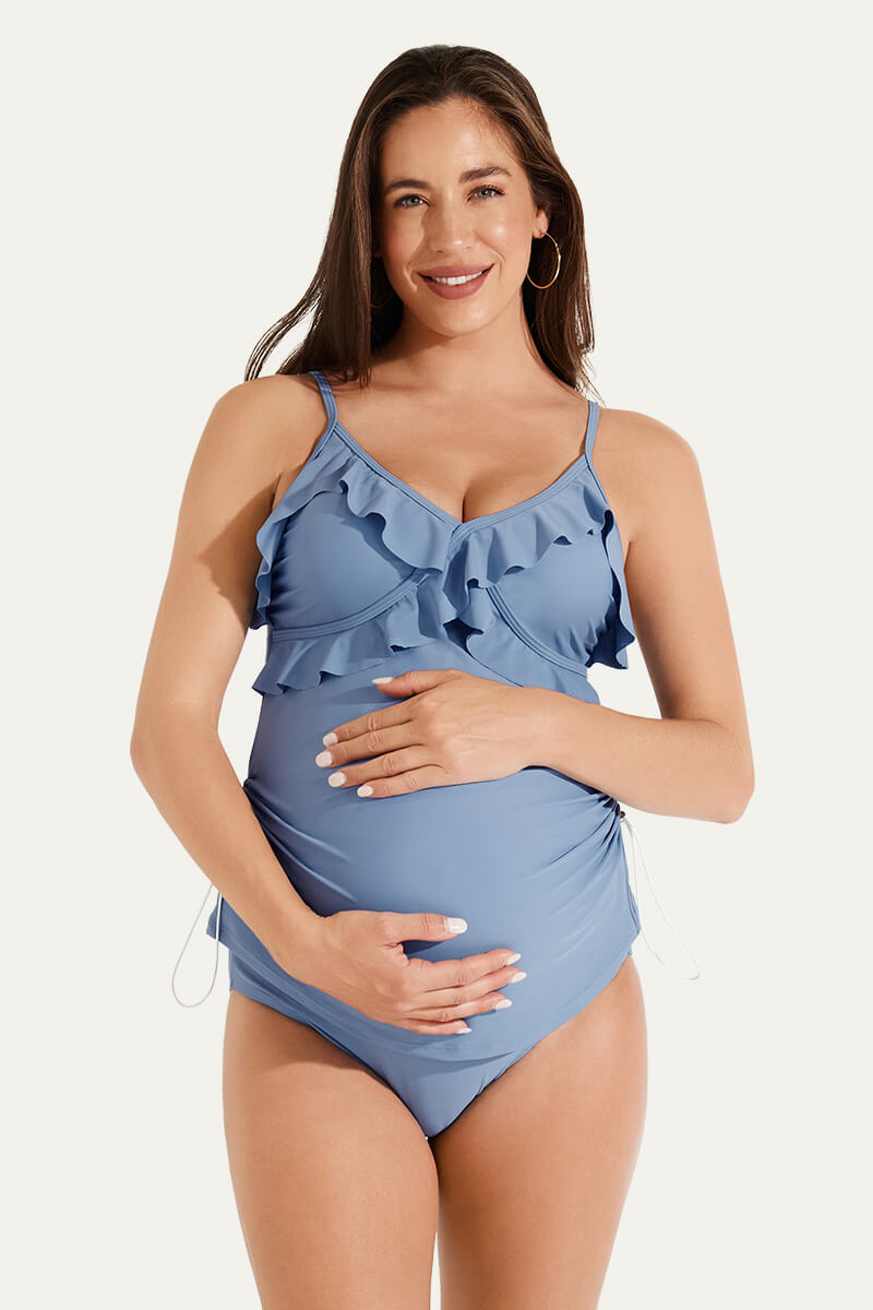 two-piece-v-neck-ruffle-front-maternity-tankini-dress#color_baby-blue